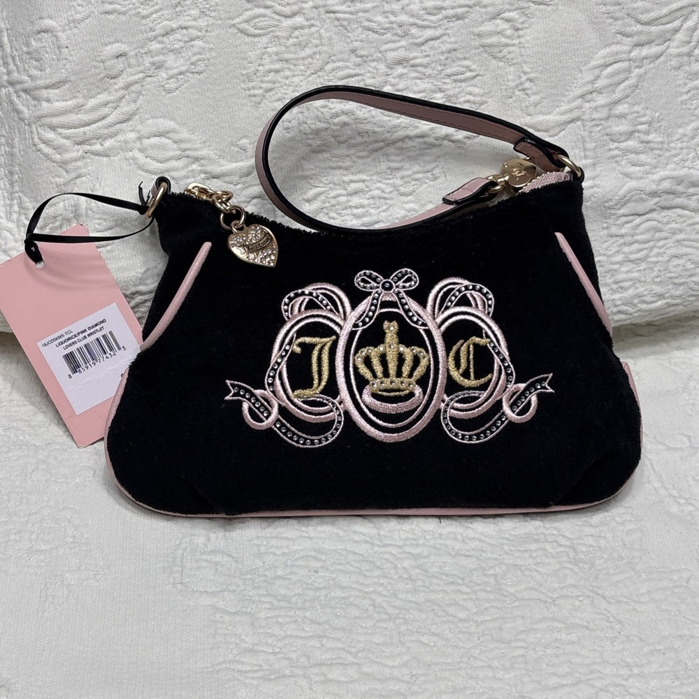 Juicy Couture Lovers Club Wristlet Black Pink Embroidered Rhinestone Heart